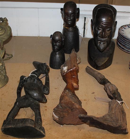 Three African carved hardwood busts, two figural rootwood carvings & an anthropomorphic standing female figure